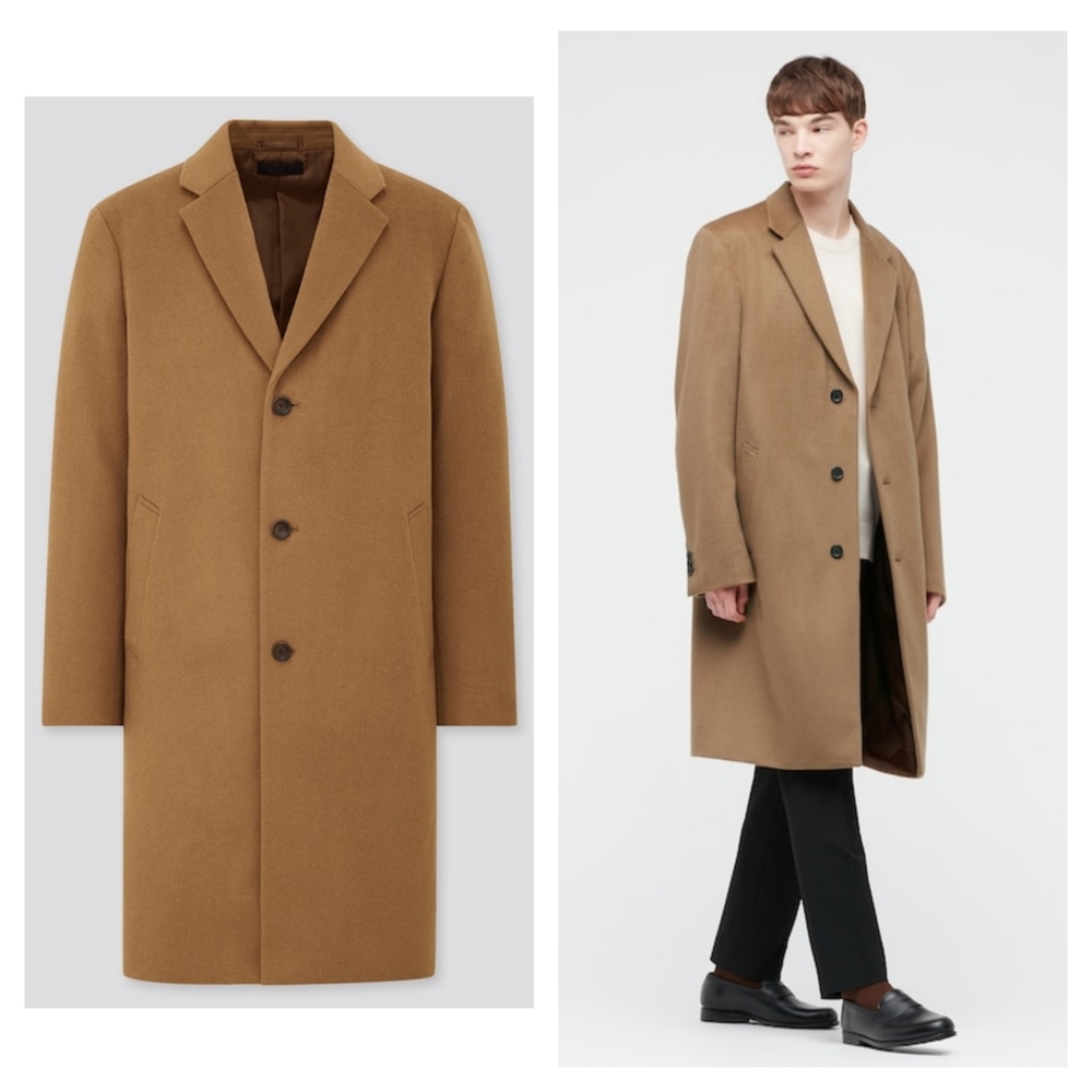 UNIQLO WOOL CASHMERE CHESTERFIELD COAT IN BROWN/CAMEL NWOT